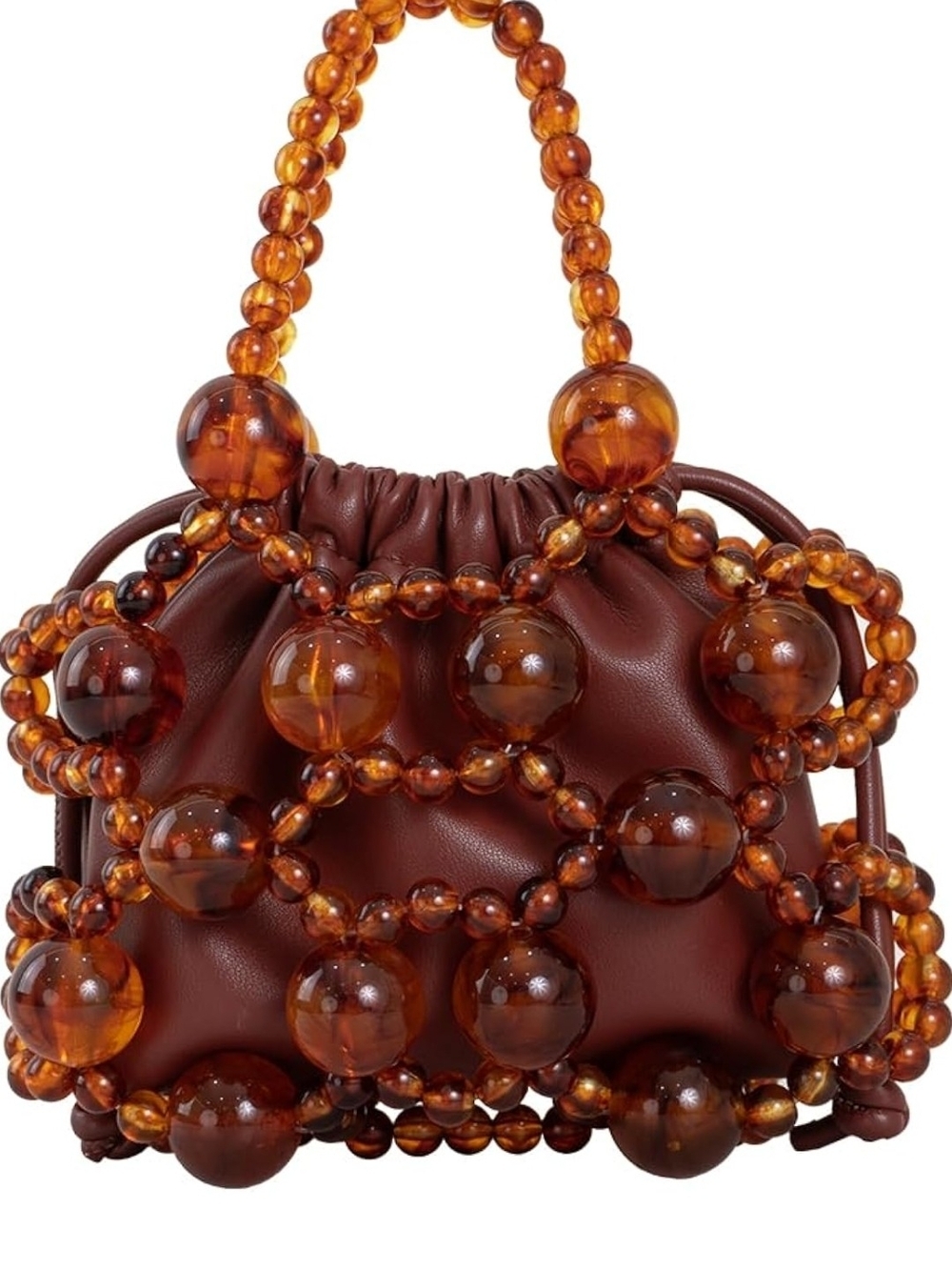 Women's Brown Beaded Drawstring Handbag